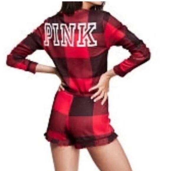 PINK Victoria’s Secret Red Plaid Romper Sleeper size S - Picture 1 of 10